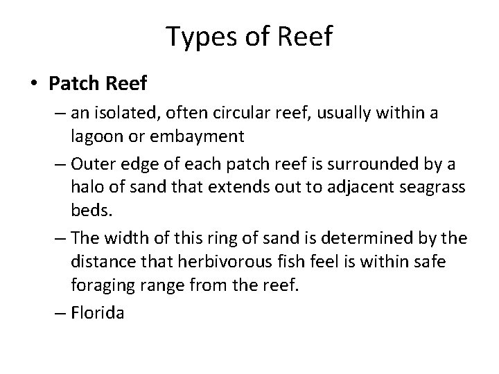 Types of Reef • Patch Reef – an isolated, often circular reef, usually within