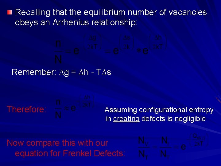 Recalling that the equilibrium number of vacancies obeys an Arrhenius relationship: Remember: ∆g =