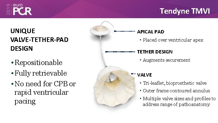 Tendyne TMVI UNIQUE VALVE-TETHER-PAD DESIGN • Repositionable • Fully retrievable • No need for