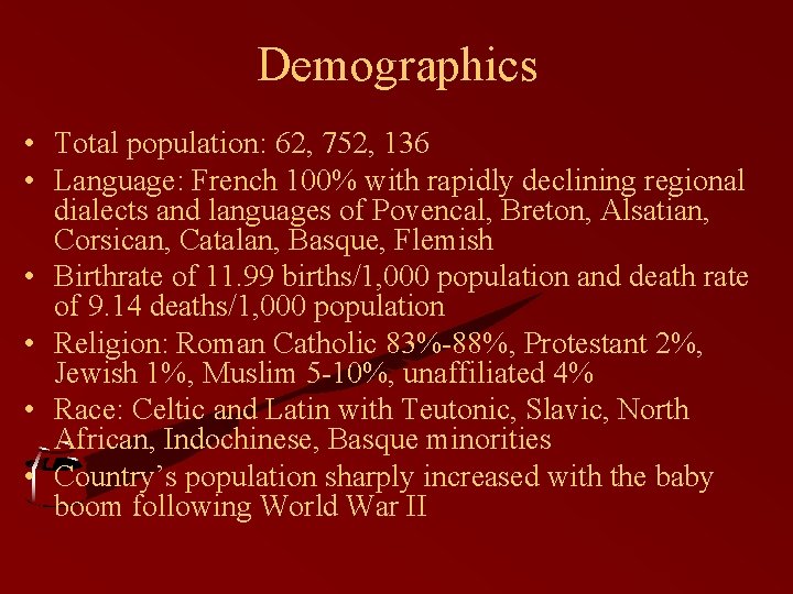 Demographics • Total population: 62, 752, 136 • Language: French 100% with rapidly declining