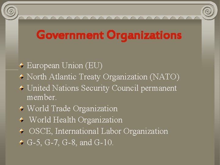 Government Organizations European Union (EU) North Atlantic Treaty Organization (NATO) United Nations Security Council