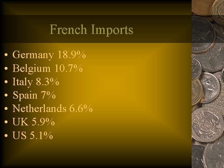 French Imports • • Germany 18. 9% Belgium 10. 7% Italy 8. 3% Spain