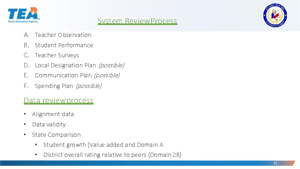 System Review Process A. B. C. D. E. Teacher Observation Student Performance Teacher Surveys