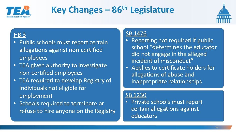 Key Changes – 86 th Legislature HB 3 • Public schools must report certain