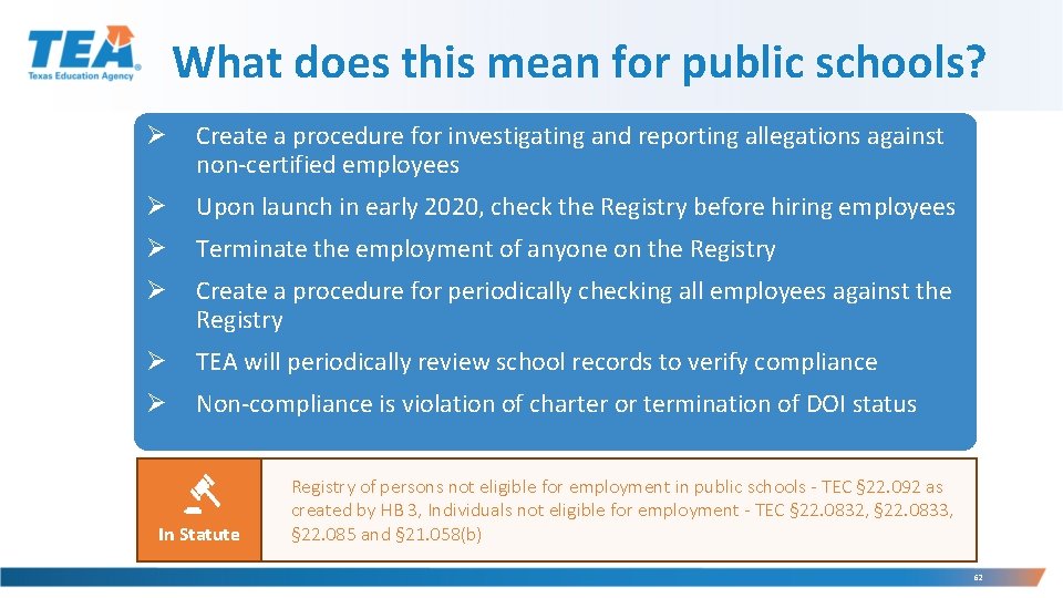 What does this mean for public schools? Ø Create a procedure for investigating and