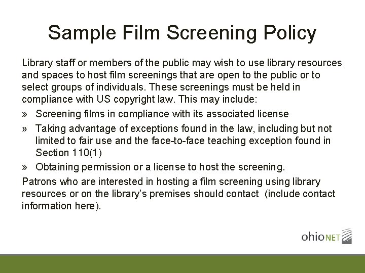 Sample Film Screening Policy Library staff or members of the public may wish to