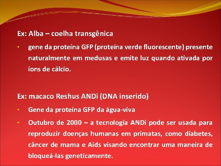 Ex: Alba – coelha transgênica • gene da proteína GFP (proteína verde fluorescente) presente