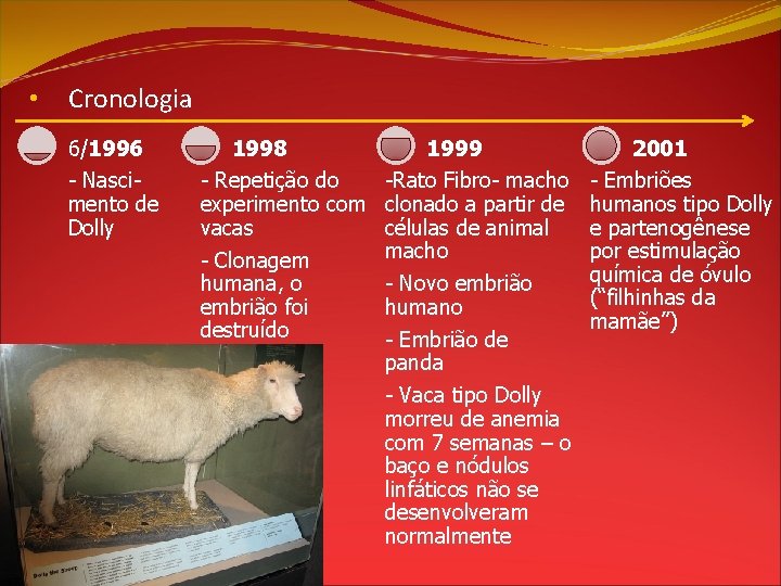  • Cronologia 6/1996 - Nascimento de Dolly 1998 - Repetição do experimento com