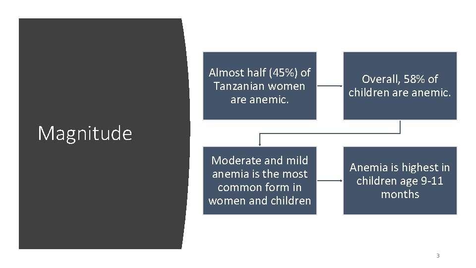 Almost half (45%) of Tanzanian women are anemic. Overall, 58% of children are anemic.