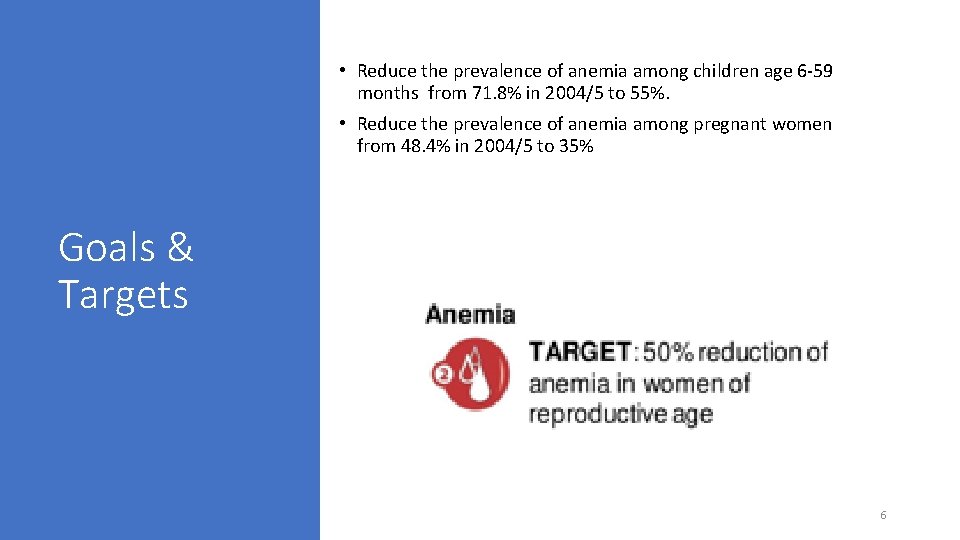  • Reduce the prevalence of anemia among children age 6 -59 months from