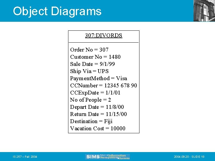 Object Diagrams 307: DIVORDS Order No = 307 Customer No = 1480 Sale Date