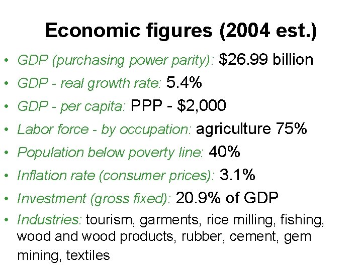 Economic figures (2004 est. ) • GDP (purchasing power parity): $26. 99 billion •