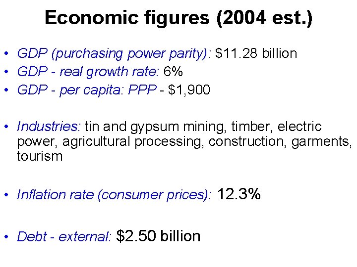 Economic figures (2004 est. ) • GDP (purchasing power parity): $11. 28 billion •