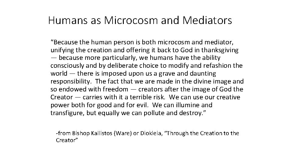 Humans as Microcosm and Mediators “Because the human person is both microcosm and mediator,