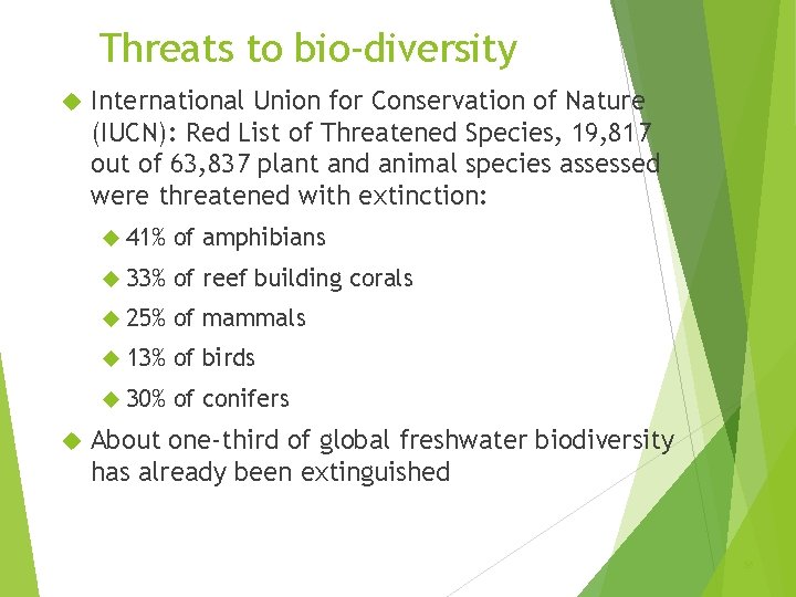 Threats to bio-diversity International Union for Conservation of Nature (IUCN): Red List of Threatened