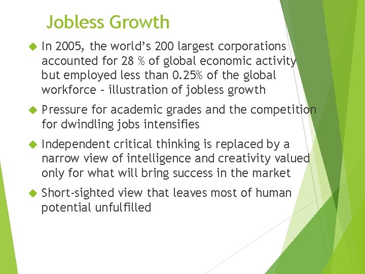Jobless Growth In 2005, the world’s 200 largest corporations accounted for 28 % of