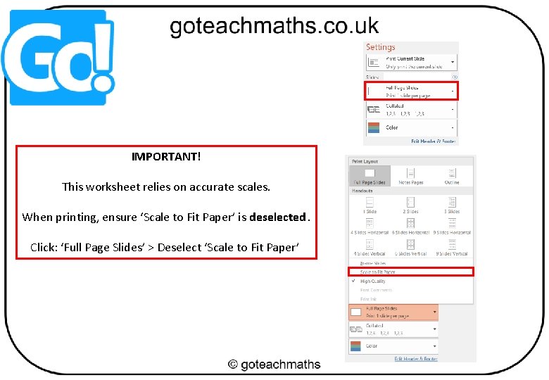 IMPORTANT! This worksheet relies on accurate scales. When printing, ensure ‘Scale to Fit Paper’