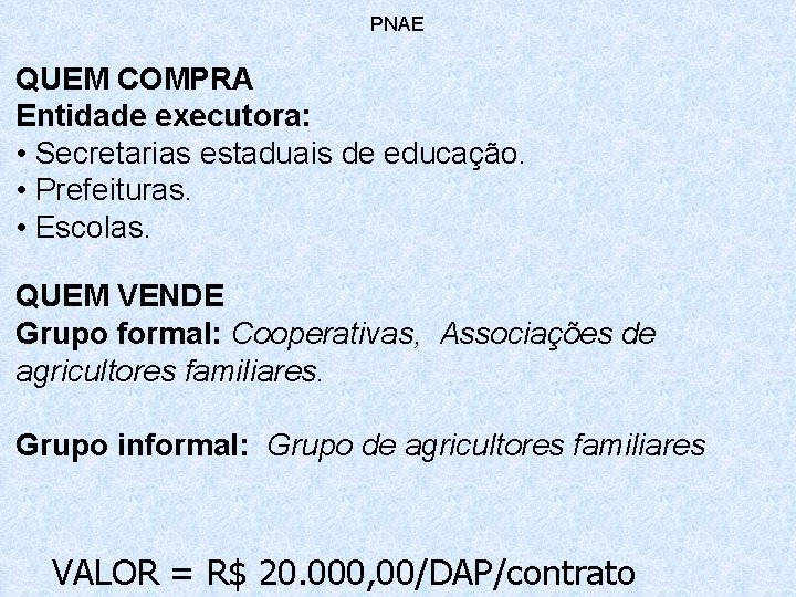 PNAE QUEM COMPRA Entidade executora: • Secretarias estaduais de educação. • Prefeituras. • Escolas.