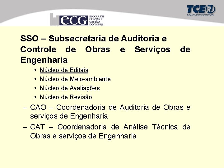 SSO – Subsecretaria de Auditoria e Controle de Obras e Serviços Engenharia • •