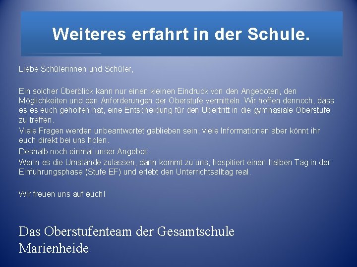 Weiteres erfahrt in der Schule. Liebe Schülerinnen und Schüler, Ein solcher Überblick kann nur