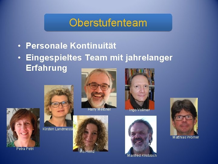 Oberstufenteam • Personale Kontinuität • Eingespieltes Team mit jahrelanger Erfahrung Harry Meißner Ingo Vollmer