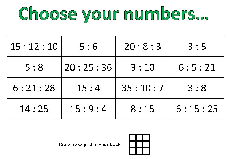 Choose your numbers… 15 : 12 : 10 5: 6 20 : 8 :
