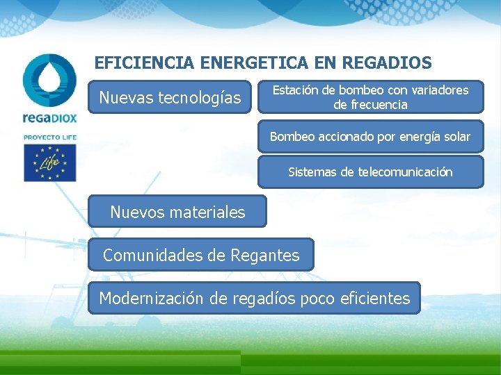 EFICIENCIA ENERGETICA EN REGADIOS Nuevas tecnologías Estación de bombeo con variadores de frecuencia Bombeo