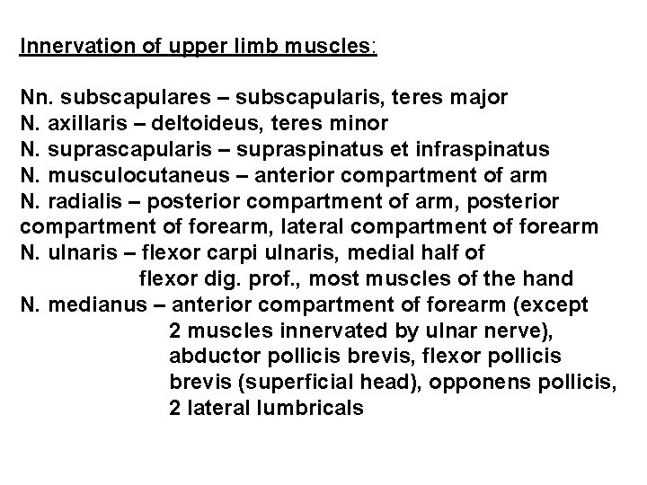 Innervation of upper limb muscles: Nn. subscapulares – subscapularis, teres major N. axillaris –