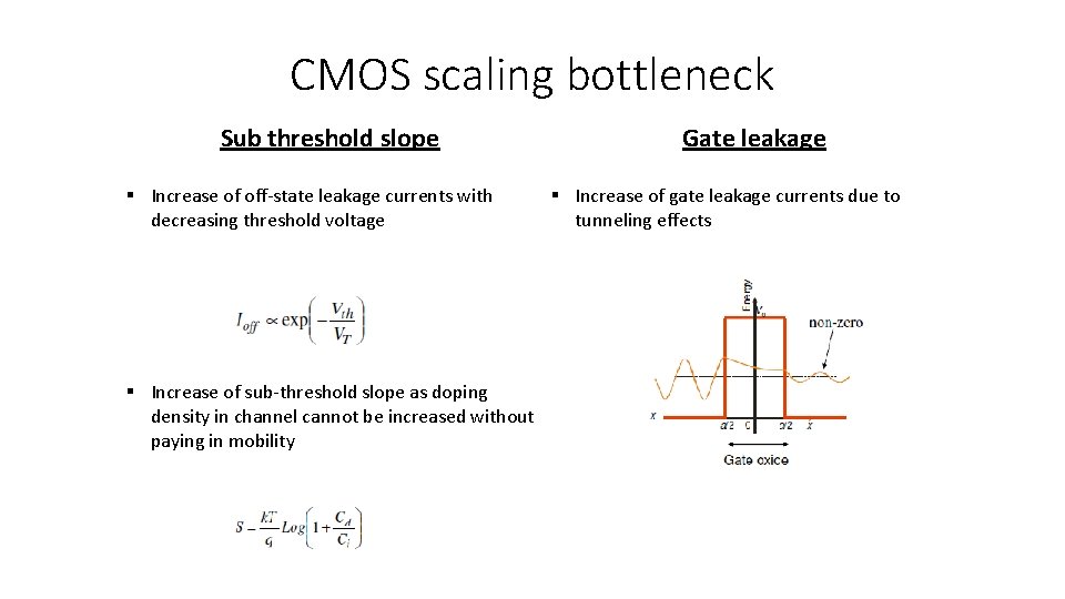 CMOS scaling bottleneck Sub threshold slope § Increase of off-state leakage currents with decreasing