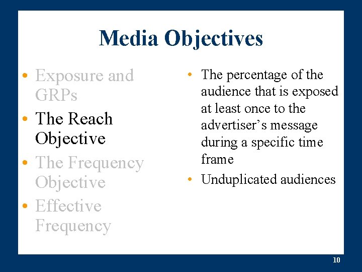 Media Objectives • Exposure and GRPs • The Reach Objective • The Frequency Objective
