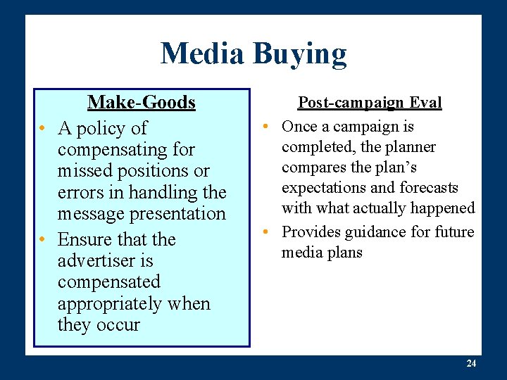 Media Buying Make-Goods • A policy of compensating for missed positions or errors in