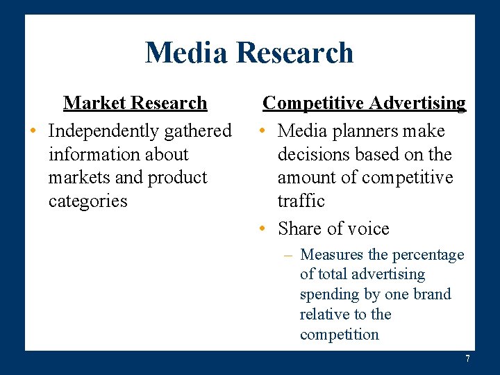 Media Research Market Research • Independently gathered information about markets and product categories Competitive