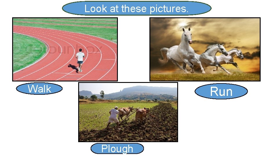 Look at these pictures. Walk Run Plough 