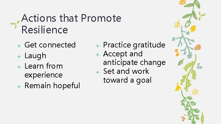 Actions that Promote Resilience ✢ ✢ Get connected Laugh Learn from experience Remain hopeful
