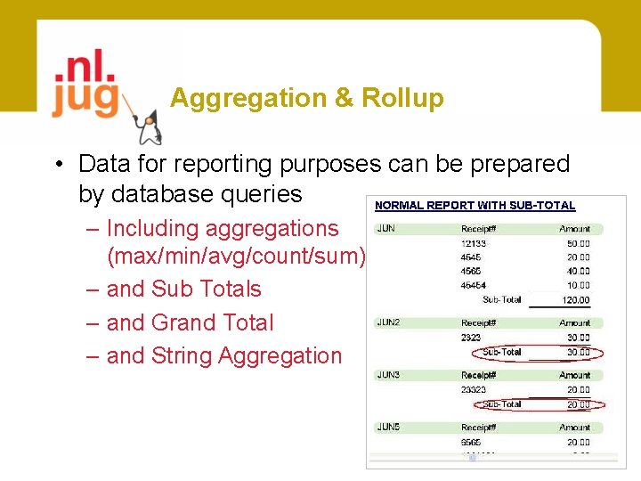 Aggregation & Rollup • Data for reporting purposes can be prepared by database queries