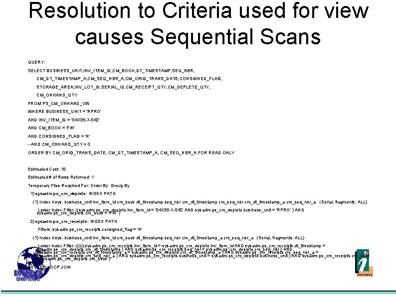 Resolution to Criteria used for view causes Sequential Scans QUERY: SELECT BUSINESS_UNIT, INV_ITEM_ID, CM_BOOK,
