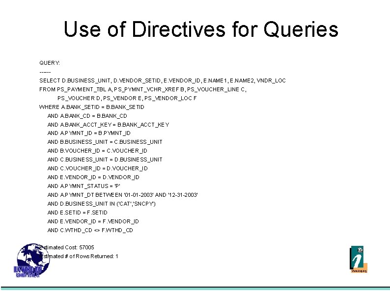 Use of Directives for Queries QUERY: -----SELECT D. BUSINESS_UNIT, D. VENDOR_SETID, E. VENDOR_ID, E.