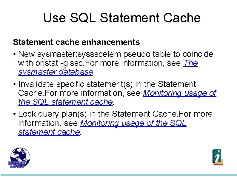 Use SQL Statement Cache Statement cache enhancements • New sysmaster: syssscelem pseudo table to