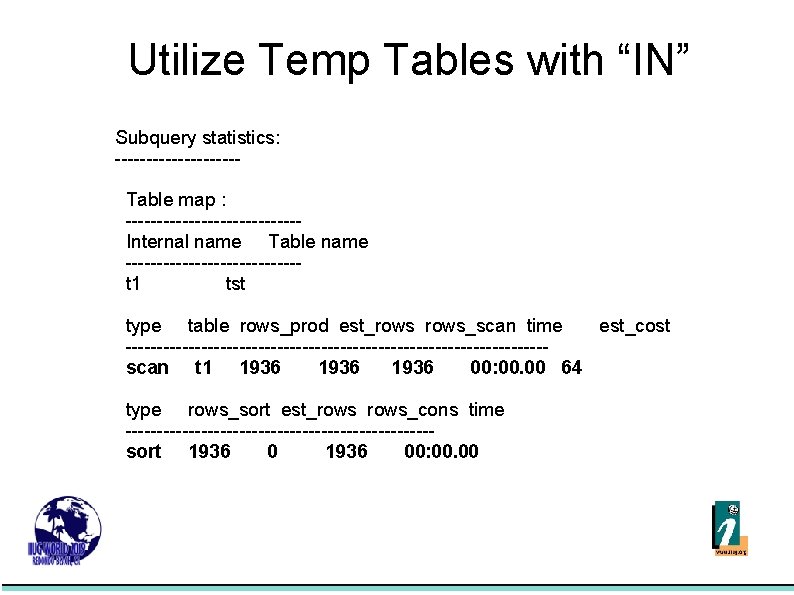 Utilize Temp Tables with “IN” Subquery statistics: ---------- Table map : -------------- Internal name
