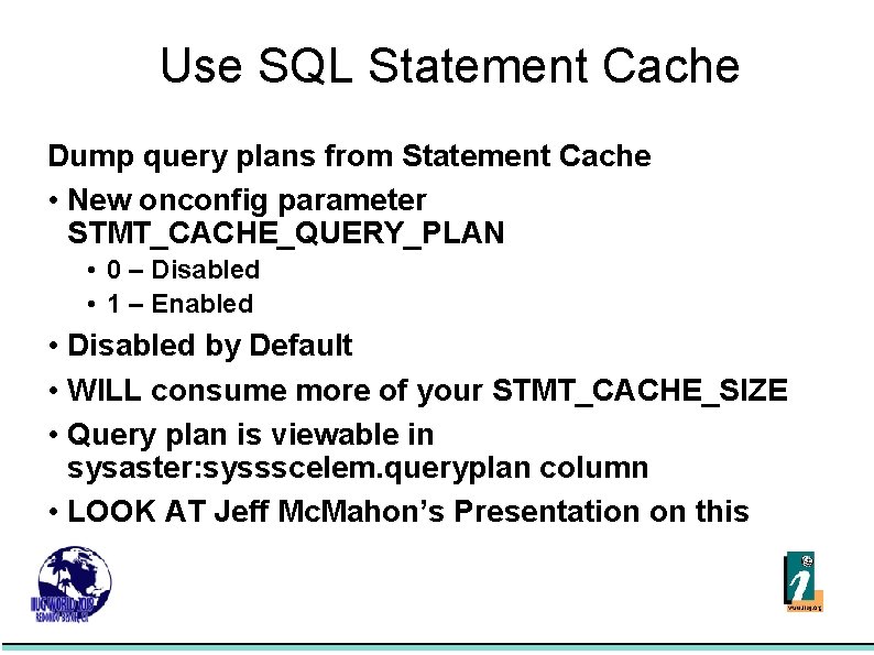 Use SQL Statement Cache Dump query plans from Statement Cache • New onconfig parameter