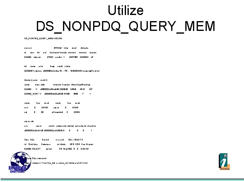 Utilize DS_NONPDQ_QUERY_MEM = 50, 000 session #RSAM total used dynamic id user tty pid