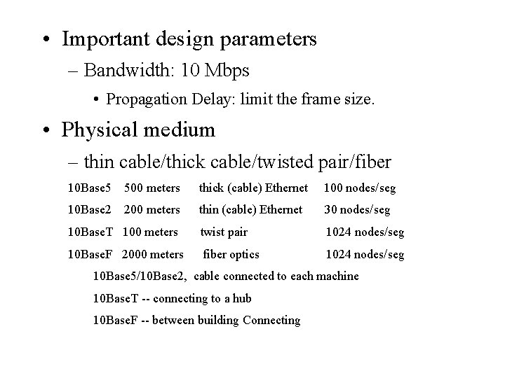  • Important design parameters – Bandwidth: 10 Mbps • Propagation Delay: limit the