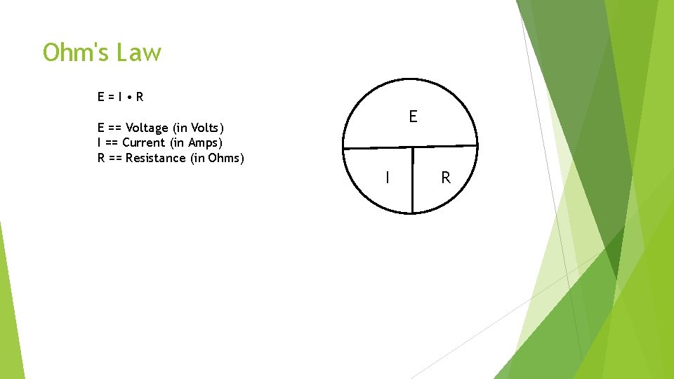 Ohm's Law E = I • R E == Voltage (in Volts) I ==