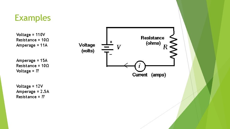 Examples Voltage = 110 V Resistance = 10Ω Amperage = 11 A Amperage =