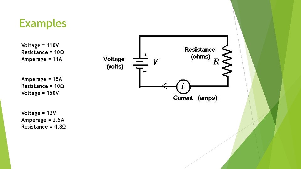 Examples Voltage = 110 V Resistance = 10Ω Amperage = 11 A Amperage =