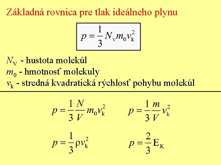 Základná rovnica pre tlak ideálneho plynu NV - hustota molekúl m 0 - hmotnosť