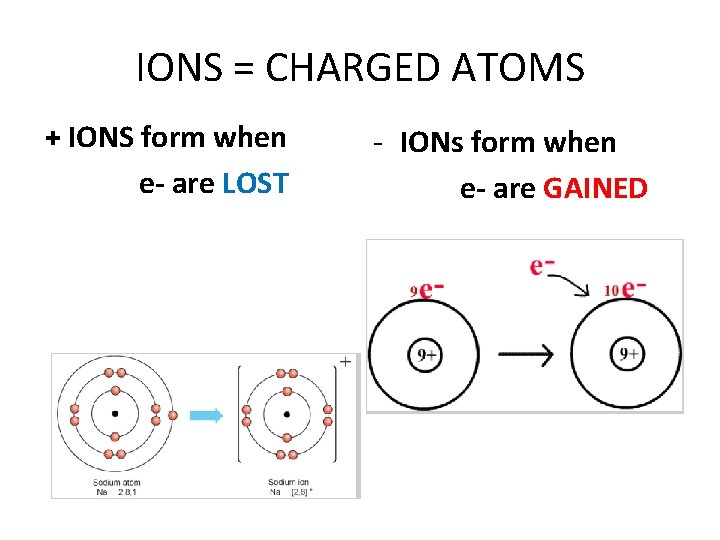 IONS = CHARGED ATOMS + IONS form when e- are LOST - IONs form