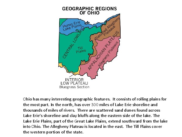 Ohio has many interesting geographic features. It consists of rolling plains for the most