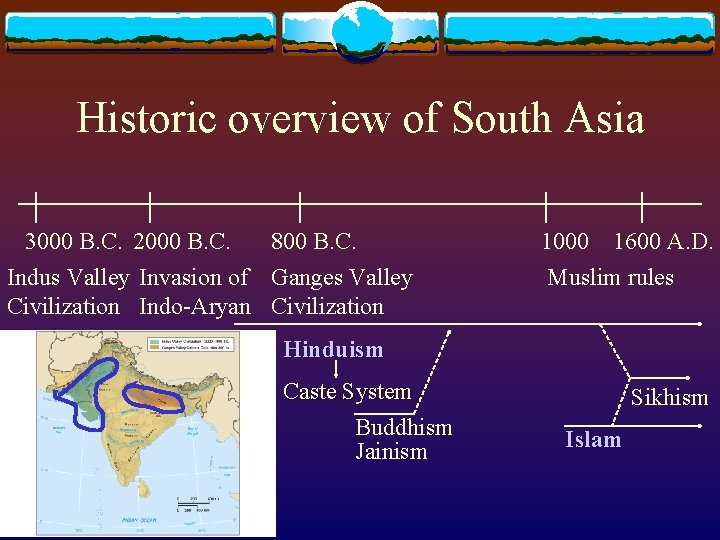 Historic overview of South Asia 3000 B. C. 2000 B. C. 800 B. C.