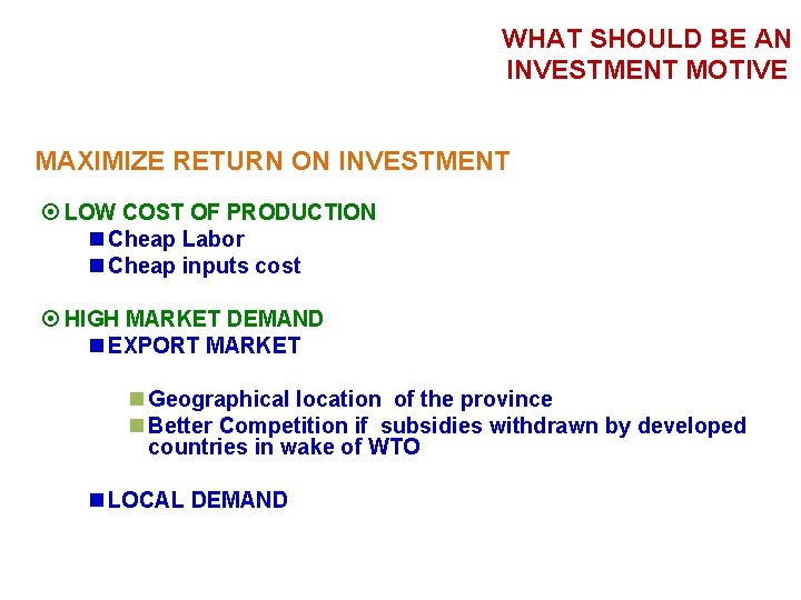 WHAT SHOULD BE AN INVESTMENT MOTIVE MAXIMIZE RETURN ON INVESTMENT LOW COST OF PRODUCTION